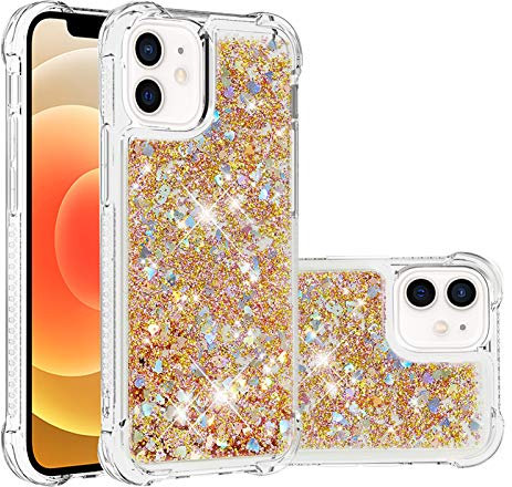 IMIRST Silicone Phone Case for Apple iPhone 12, Corner Airbag Fall Protection Bling Glitter Quicksand Liquid Sparkle TPU Case Cover for Apple iPhone 12. YBW Love Gold
