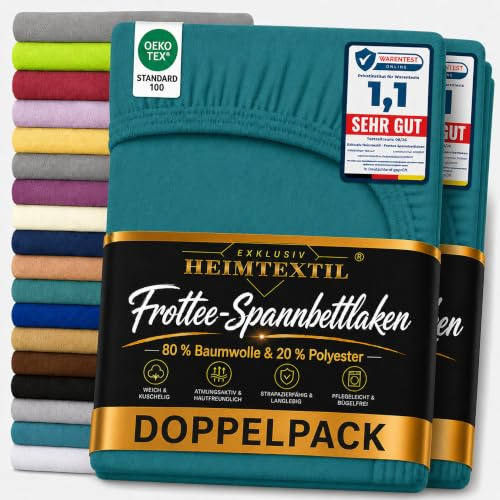 EXKLUSIV HEIMTEXTIL Frottee Spannbettlaken Doppelpack 90-100 x 200 cm 80% Baumwolle, 20% Polyester Öko - Tex Zertifiziert, Markenqualität, Matratzenhöhe bis 25 cm, Petrol