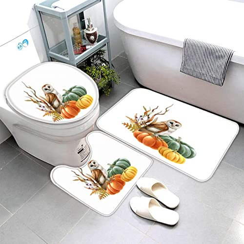 AOLIGL Badezimmermatte Set Eule Vogel 3D Drucken Halloween Kürbis Teppich Badezimmer Badgarnitur 3teilig Mikrofaser Bath mat U-förmigen Contour Matte- WC Vorleger 40 x60