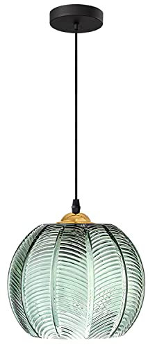 KCO Iluminación individual de cristal verde colgante grande globo colgante iluminación nórdico acanalado techo lámpara colgante lámpara vintage comedor cocina isla lámpara