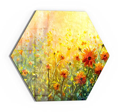 DEQORI Glasbild Echtglas | Motiv Blumenwiese im Monet-Stil | sechseckig einteilig 40x34,5 cm | schöne Dekoration | Wandbild für Wohnzimmer, Schlafzimmer, Flur & Küche | moderne Wanddeko