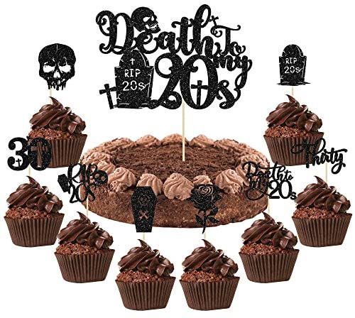 Ephlyn Cupcake-Aufsätze mit Aufschrift Death to My 20s, 20er-Jahre-Tortenaufsätze, glitzernde Rip 20er-Jahre-Cupcake-Picks, Death to My Twenties Beerdigung, Kuchendekorationen für Rip to My 20s