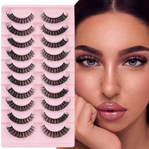 Faux Cils Naturel Volume Russe Professionnel Effet Extension 3D Fake Eyelashes 10 Paires Cat Eye D Curl Russian False Lashes Yeux de Biche Réutilisables Moelleux Faits à la Main des Cils