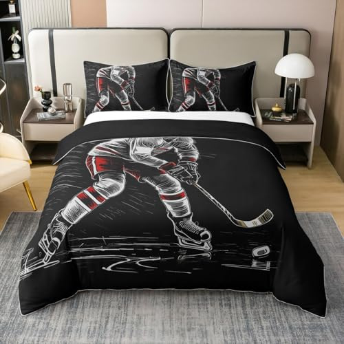 Erosebridal Bettbezug aus 100 % Baumwolle, Eishockey-Bettwäsche-Set für Jungen, Teenager, Puckspieler, Winterveranstaltung, Bettdeckenbezug, Sportler-Silhouette, Schlafzimmer-Dekor, Bettbezug