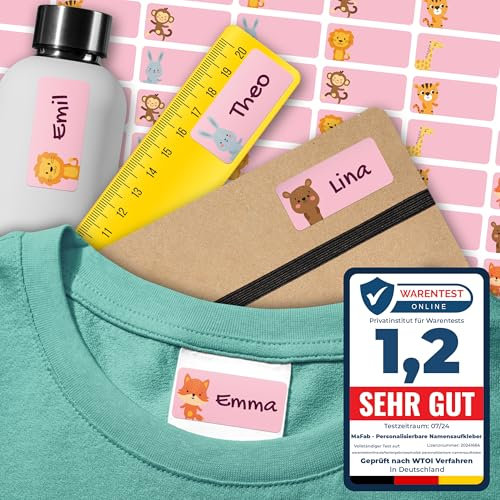 Namensaufkleber für Kinder (108 Stk. 30x13 mm) - Wasserfeste Namensschilder für Kleidung, Textilien und Gegenstände - Optimal für Kita, Kindergarten und Schule - Schöne Motive personalisierbar