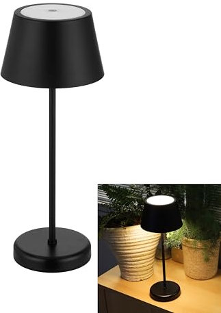 REV LED Akku Tischlampe – Tischleuchte für Schlaf- & Wohnzimmer, Garten - 38cm, IP44, Touch, Dimmbar – Nachttischlampe kabellos, schwarz