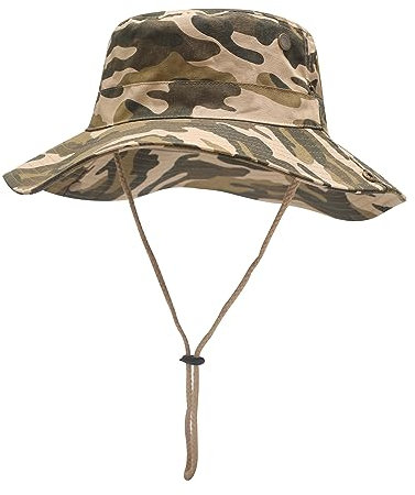 ZLYC Herren Camouflage Sonnenhut Safari Hut Mesh Outdoorhut Boonie Hut(8cm Krempe Tarnfarbe Khaki)