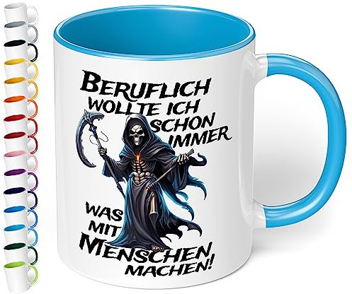 Lustige Keramik-Tasse „Beruflich wollte ich schon immer was mit Menschen machen!“ - 330ml - Kaffeebecher mit Spruch Büro | Geschenke für Kollegen Arbeit Geburtstag Weihnachten (Hellblau)