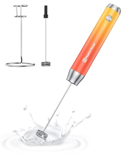 Maestri House Rechargeable Milk Frother with Stand, Handheld Electric Foam Maker Waterproof Detachable Stainless Steel Whisk Drink Mixer Foamer for Lattes, Cappuccino (Gradient Orange)