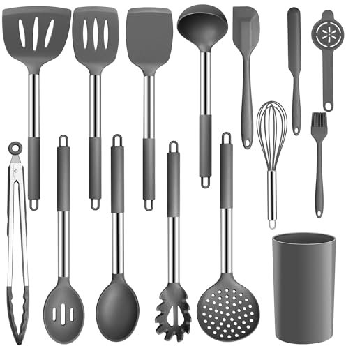 Joyfair Kitchen Utensils Set, 15 Pcs Silicone Cooking Utensils with Stainless Steel Core, Non Stick Cooking Tools Spatula Turner Spoon Tongs Set with Holder, Heat Resistant & Dishwasher Safe, Grey