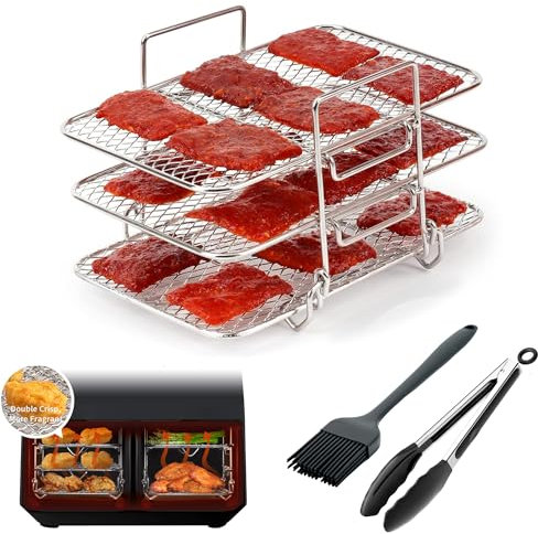 Kufixy Ninja Air Fryer Rack 3 Layers with Silicone Tong and Brush - Grade 304 Stainless Steel Rack Ninja Air Fryer Accessories Compatible with Most Air Fryer Microwave Ovens and More