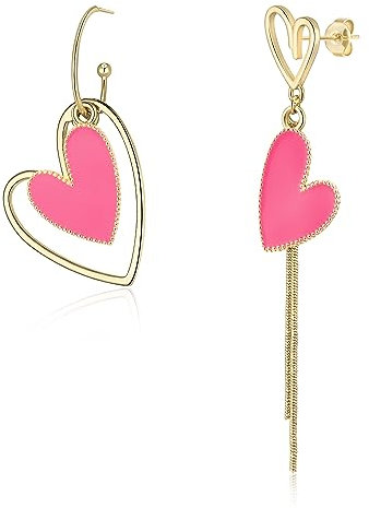 EVER FAITH Asymmetrische Ohrringe für Damen, Gold-Ton Große Lange Rosa Pink Herz mismatched earrings Ohrhänger Schmuck