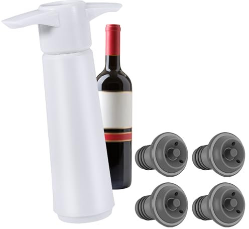 RAYITO Wine Saver with 4pcs Vacuum Wine Stopper, Reusable Wine Pump + Wine Bottle Stoppers for Keep Wine Fresh(1 X White Wine Preserver+ 4 X Wine Stopper)
