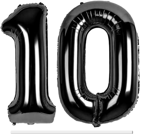 LAPONO Luftballon 10 Schwarz, XXL Zahlen Folienballon, Helium geeignet | Partydeko für Erwachsene, Aluminiumfolie, selbstschließendes Ventil, Aufblashalm inklusive, Aufhängelöcher, Metallic-Optik