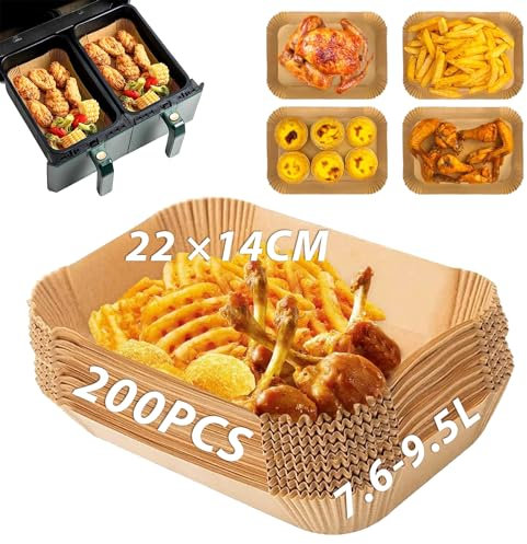 Sungoup Papel para Freidora de Aire 22x14 cm, 200 Piezas Impermeable a Prueba de Aceite, Compatible Con Air Fryer de 7,6 a 9.5 Litros, Ninja 7,6L/Moulinex/Cecotec