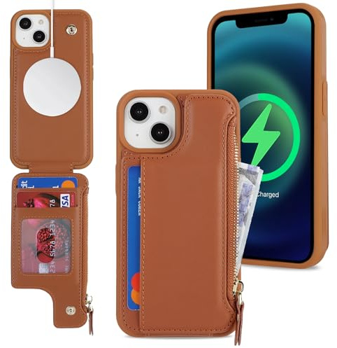 SailorTech iPhone 13 Etui mit Kartenhalter, iPhone 13 Hülle mit Reißverschluss Kartenfach Geldbörse für iPhone 13 Handyhülle Lederhülle - Braun