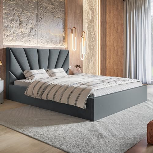 MOTIVENA INES Bett 180x200, Polsterbett 180x200, mit Bettkasten, mit Stauraum, mit Lattenrost, mit Kopfteil, ohne Matratze, Samt, Grau Anthrazit