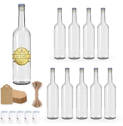 Espirito Rebelde 10x Bouteiles de Vin en Verre 750ml avec Bouchon Encapsulé Argenté + 10 Sceaux + 10 Étiquettes Kraft + Ficelle - Idéales pour Alcool et Autres Boissons - Souvenirs et Cocktails
