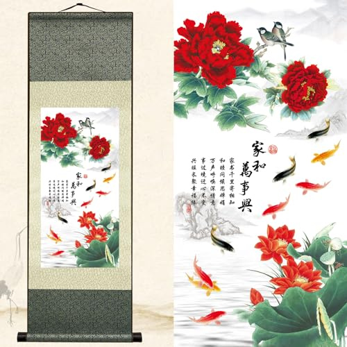 Newscz Art-Deco-Wandkunst, Wohnzimmer, asiatische Wohnkultur, Zubehör, Seide, Schriftrolle, Gemälde, Pfingstrose und Koi-Karpfen, Wanddekoration, Küche, Wandkunst, Hausdekoration, Poster für