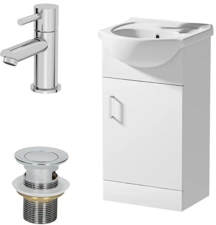 Affine® 450mm Bathroom Vanity Unit Ceramic Sink Floorstanding Storage Cabinet Cupboard & Malmo Basin Tap & Waste Set, White Gloss