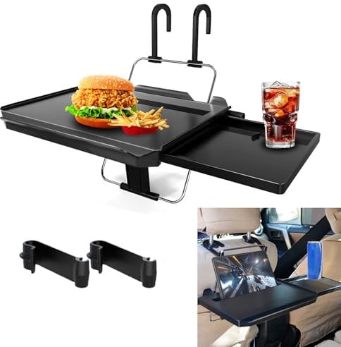 Car Steering Wheel Tray, Steering Wheel Table With Hook, Foldable Hanging Rear Headrest Car Tray with Expandable Tray and Beverage Cup Slot, 2 in 1 Car Desk for Laptop Work, Eating, Drinking