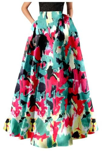 Vestito E Azzurro con Stampa Floreale Bohémien, Gonna Lunga da Spiaggia, Tasca a Vita Alta Abito Rosso E Bianco