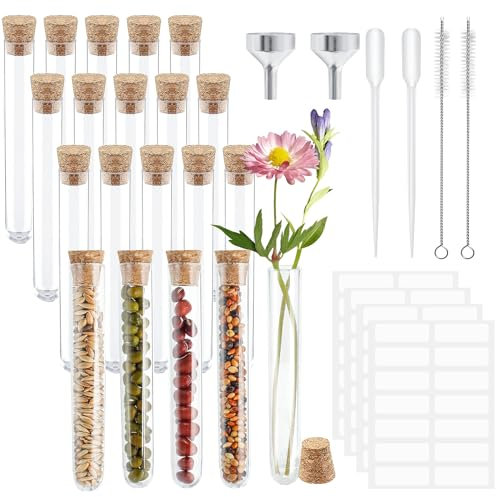 GOTFUN 20 Stück Reagenzglas, Reagenzgläser Reagenzglas mit Korken, Reagenzgläser für Blumen, Kunststoff Transparent Reagenzgläser mit Korken für Blumen,Liquids,Spices,DIY, 12mm×75mm(5ml)