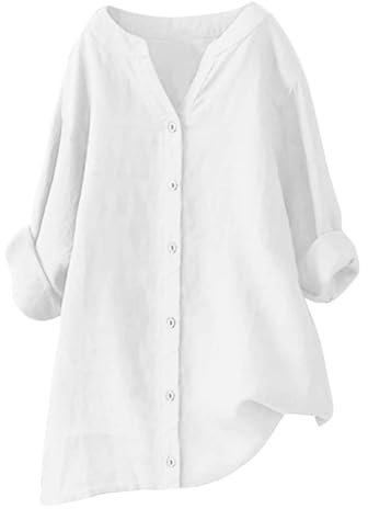 TURWXGSO Women's Blouses & Shirts Long Sleeve Dressy Shirts Cotton Linen Button Up Oversized Blouses Casual Lightweight Tunic Top Ladies Long Length Tops Large Size 8-22 UK Clearance