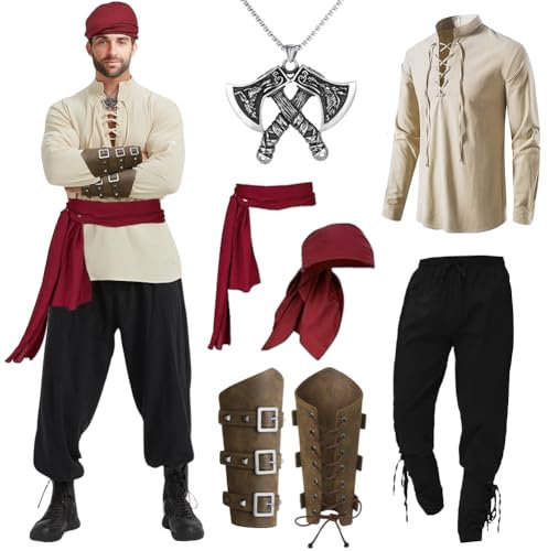 Pirate Costume Men's 7 Pieces Medieval Clothing Men's Set, Men's Renaissance Costume Set with Medieval Trousers Men's Medieval Shirt Viking Pirate Headscarf Belt Wrist Strap Axe Necklace