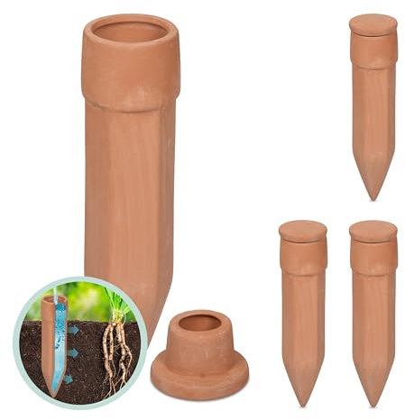 Relaxdays Cônes d'arrosage Terre Cuite, 4 pièces, Aide à l'arrosage avec Couvercle, pour Bouteilles de 1,5 l, Terracotta