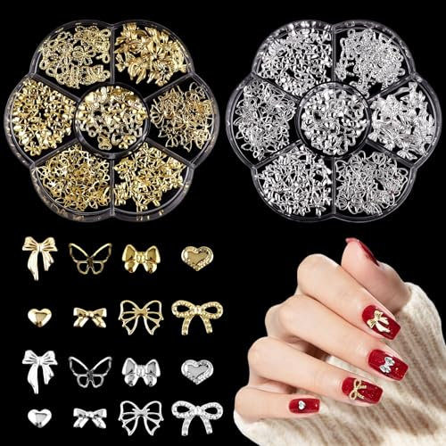 Bow Nail Charms,2Boxes 14Grids Gold Silver Bowknot Heart Nail Gems,Metal Alloy Nail Studs Bow Tie Butterfly Nail Art Decorations Accessories for Nail Design