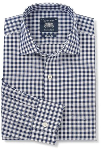 THE SAVILE ROW COMPANY LONDON Men's Classic Fit Cotton Poplin Single Cuff Formal Shirt - Navy Gingham Check - 18.5 Collar - Standard