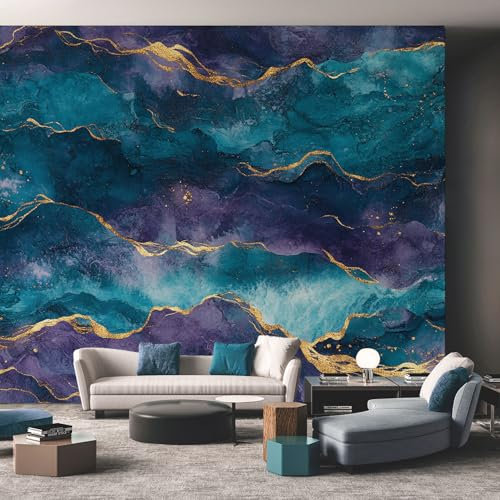 Purple Blue Wallpaper, Abstract Wavy Marble Effect Wallpaper for Living Room, Bedroom, Non-Woven Decor Wall Paper, Photo Wallpaper Mural Dining Room, Hallway, Lounge, 200 X 140 cm