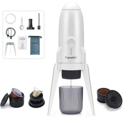 RECAFIMIL Tragbare Espressomaschine, 3-in-1-elektrische Camping-Kaffeemaschine, selbsterhitzend, mit USB-C, kompatibel mit NS/DG-Kapseln und gemahlenem Kaffee für unterwegs nach Hause (Weiß)