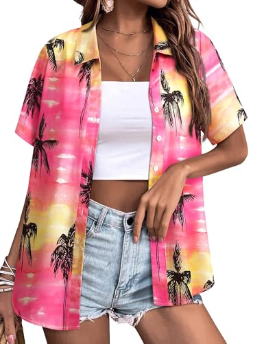 Yihelian Hawaiian Shirts for Women Summer Short Sleeve Top Floral Tropic Printing V Neck Button Down T Shirts Blouses
