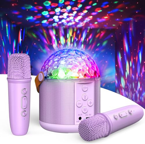 Mini Karaoke Machine with Disco LED Lights for Kids Adults, Bluetooth Karaoke Microphone Singing Speaker with 2 Wireless Mic and Light for All Smartphones, Gifts Toys for Birthday Family Home Party