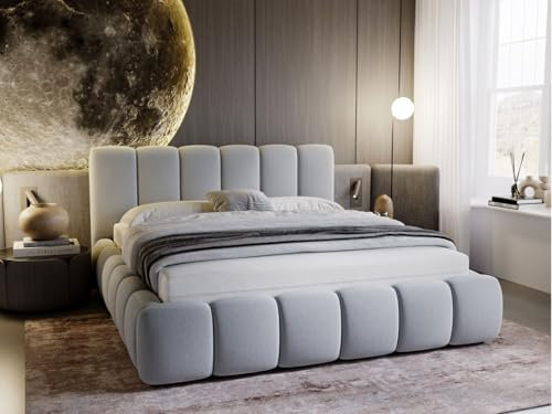 GRAINGOLD Cloud Bett 180x200, Polsterbett mit Bettkasten, Polsterbett mit Stauraum, Samt, mit Lattenrost, mit Kopfteil, ohne Matratze (Hellgrau, 180x200)