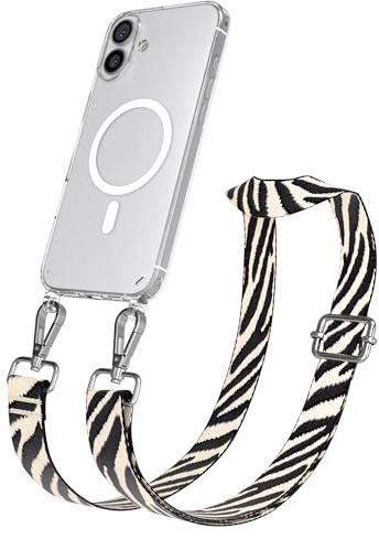 EAZY CASE Handykette - Verstellbares Taschenband kompatibel mit iPhone 16 Plus, Schulterriemen, Handykordel mit Silikon Hülle, Qi Charging kompatibel, Umhängetasche, Zebra - Schwarz Beige Silber