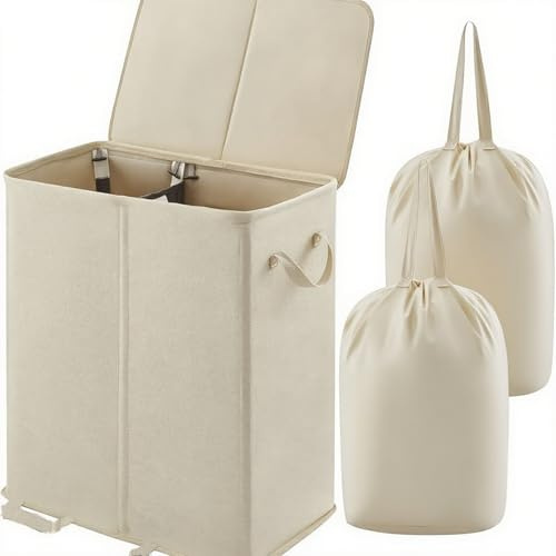 RETSAMV Wäschekorb 140L/136L mit 2 Fächern, Faltbarer großer Wäschesammler mit Deckel und 2 herausnehmbaren Wäschesäcken für Schlafzimmer Bad und Waschküche (Cream-M)
