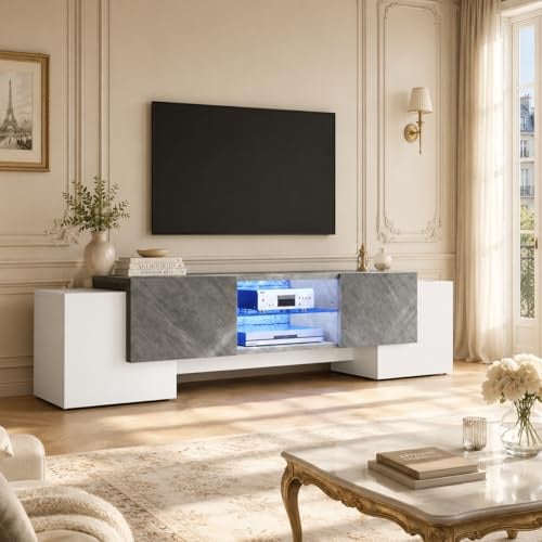 OLIVIBED Moderna TV-console con ante a battente, mobile TV con ripiani in vetro, tavolo TV per televisori da 70-80 pollici, mobile TV per soggiorno, camera da letto, bianco e grigio, 180 x 40 x 46,5