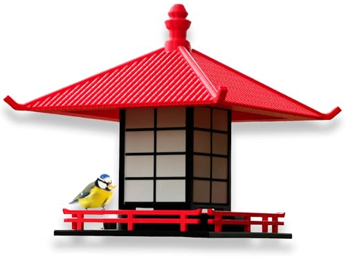Printin3D Japanisches Vogelfutterhaus mit Pagoden-Dach – stilvolles, wetterfestes Vogelhaus für Wildvögel, Garten & Balkon (Rot, Montageart – zum Aufschrauben auf Pfosten)