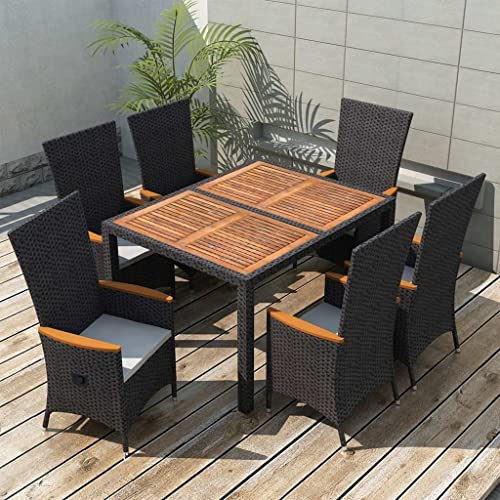 QJBSAVVA 7-TLG. Rattan-Gartenmöbel-Set Schwarz 150×90 cm Tisch + 6 verstellbare Hochlehner Cremekissen