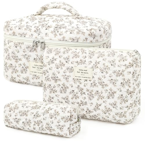 YMIFEEY 3 Stück Kosmetiktasche Kulturtasche Damen Kulturbeutel Make Up Tasche Groß Klein Set, Schminktasche Makeup Bag Waschtasche Reise Cosmetic Bag Beauty Case Organizer für Frauen (Beige Blumen)