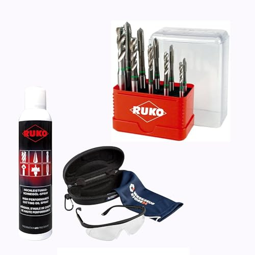 RUKO Maschinengewindebohrer-Satz HSS, 10-teilig, M4–M10, DIN 371 Form B, Gewindeschneider für Stahl, Aluminium & NE-Metalle, präzise & langlebig, inkl. Spray & Schutzbrille