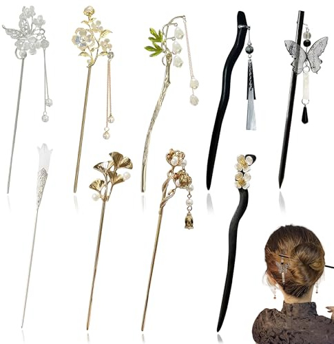 PYSEOSISE Vintage Haarstab, 9 Stück Chinesische Haarnadel mit Quasten, Schmetterlinge Blumen Haarstäbchen Haarsticks Elegant Haar Stäbchen für Frauen