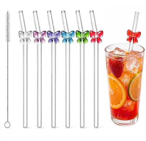 Satiskid 6PCS Bow Glass Straws, Reusable Pink Bow Straws with Cleaning Brush, Clear Glass Straw Drinking Set for Smoothie Coffee Juice Milk