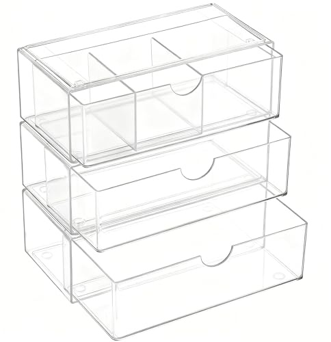 Unbr 3-Tier Acrylic Drawers Stackable, 10cm Narrow Makeup Drawer Organiser for Bathroom Mirror Cabinet, Clear Skin Care Organiser & Cosmetic Display Case with 2 Drawers