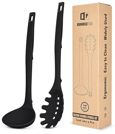 Silicone Pasta Fork and Soup Ladle Set, Heat Resistant Non Stick Kitchen Utensils with Back Hooks, Suitable for Cooking, Stirring, Serving Spaghetti, Soup, Sauce (Black)