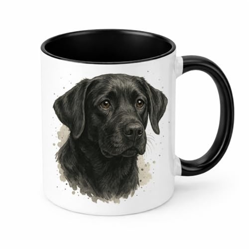 Brew Crew Gifts Black Labrador Watercolor Portrait Ceramic Mug, 11 oz, Microwave and Dishwasher Safe, Dog Lover Coffee Cup (Black)