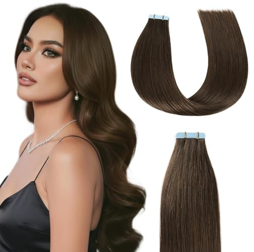 Sunya Tape Extensions Echthaar Schokoladenbraun Tape in Extensions Echthaar Haarverlängerungen Invisible Glatte Skin Weft Natürlich Klebstoff Tape in Hair Extensions 30cm 20 Stück 40g/Pack